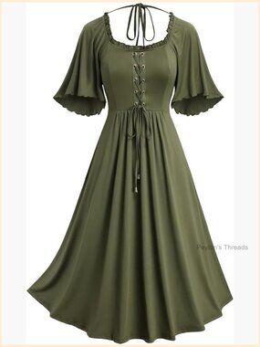 Plus Size Renaissance Fairy Dress Flutter Sleeves Square Neck Lace Up Midi